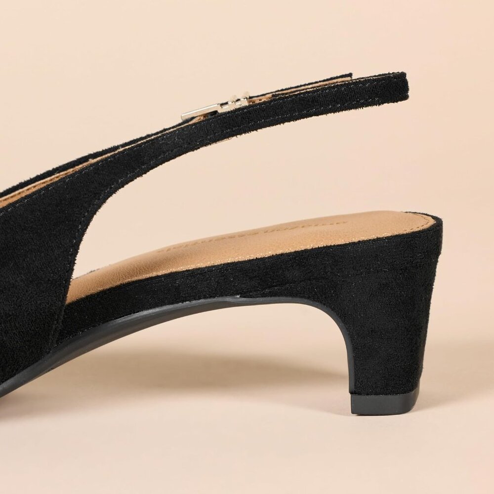 Women's Black Faux Suede Pointed Toe Imported Slingback Comfort Blocked Heels - Picture 6 of 6